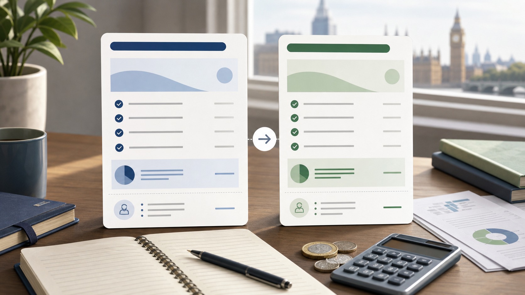 Moneybox and Nutmeg ISA fee and portfolio comparison cards on a finance desk